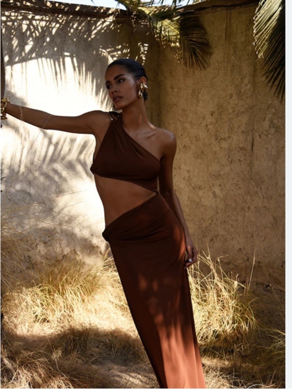 Rat & Boa Isamaya Dress Brown Long Maxi Vacation Cutout One Shoulder Small